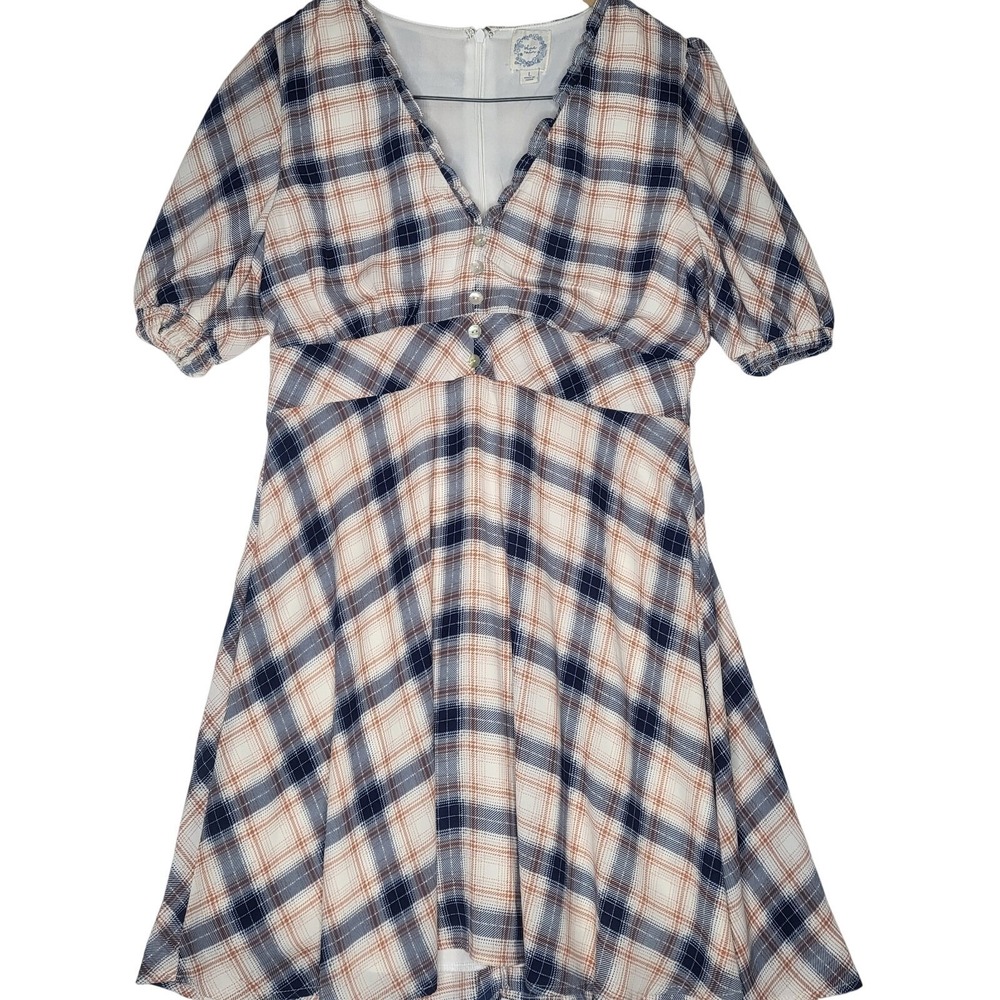 Blue Rain Francescas Plaid Mini Dress Navy Rust Orange Pearl Button Priella Lg